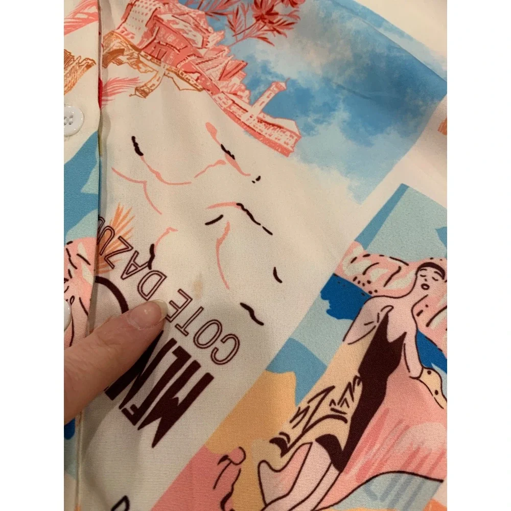 Zeagoo Womens Button Up Blouse XL White Riviera Postcard Print resort vacation - Picture 6 of 8